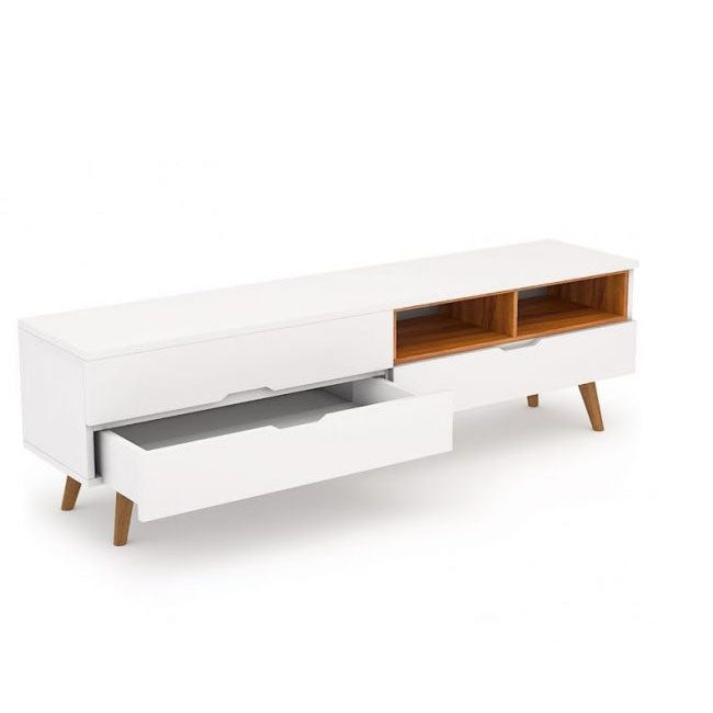 طاولة تلفاز مودرن أدراج أبيض + ٢ رف مفتوح لون خشبي